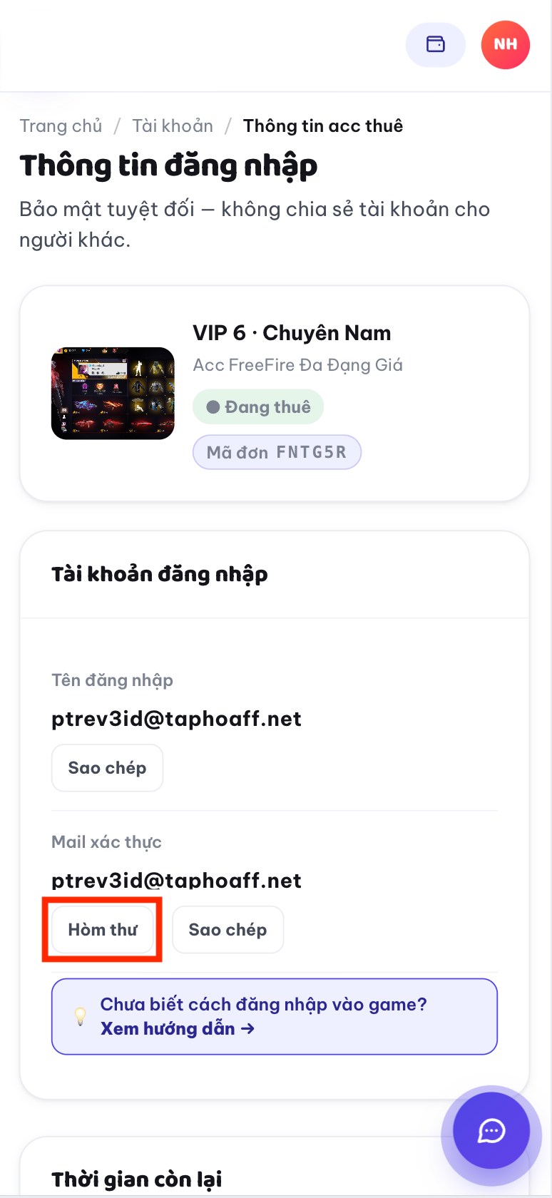 Hòm thư trên web hiển thị thư từ Garena
