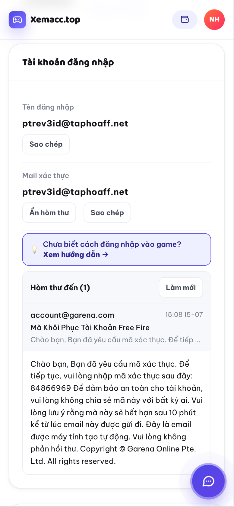 Nội dung thư chứa mã xác nhận